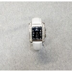 Lacoste Womens Bling Watch Tank Crystal Pave New Battery Black Dial White Band